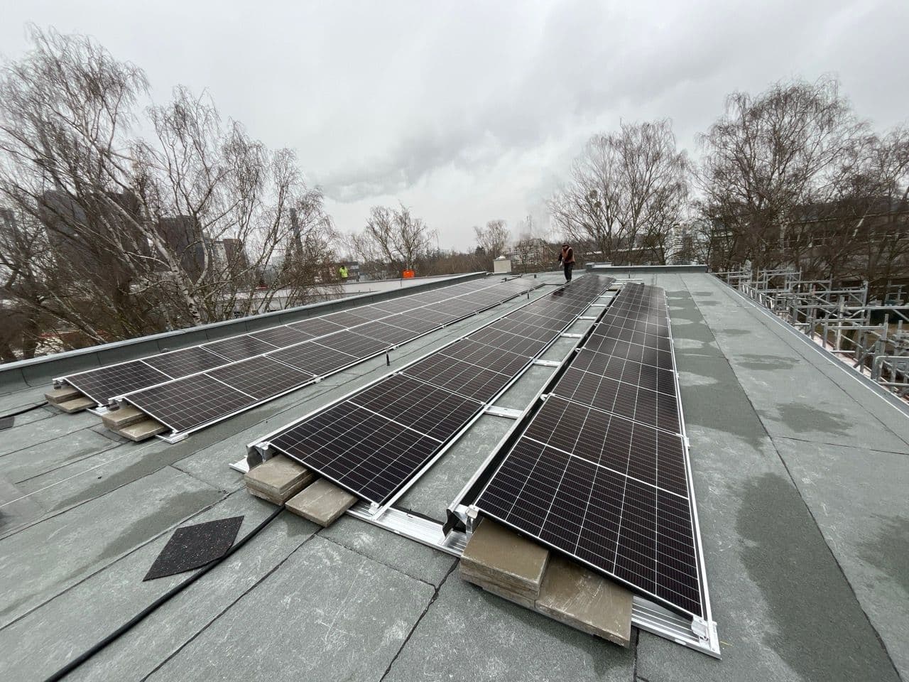 Mehrere Reihen Solarpaneele, mit Ballast fixiert. Solaranlage der Firma sunday solar.